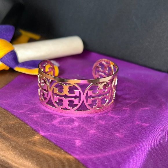 Tory Burch Rose Gold T Logo Wide Open Cuff Bracelet - Picture 4 of 8
